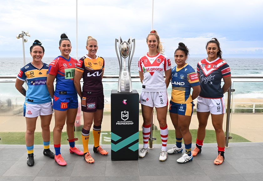 NRLW captains Brittany Breayley-Nati (Titans), Romy Teitzel (Knights), Ali Brigginshaw (Broncos), Kezie Apps (Dragons), Simaima Taufa (Eels) and Corban Baxter (Roosters) pose at the launch in Newcastle on Tuesday.