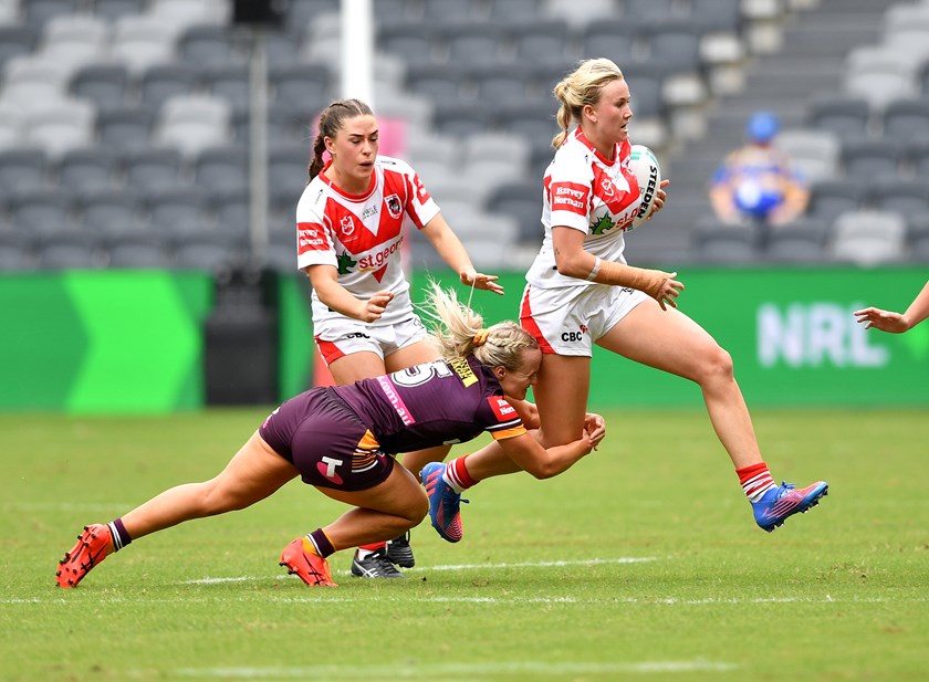 Dragons centre Jaime Chapman in action with her new boots on Sunday.