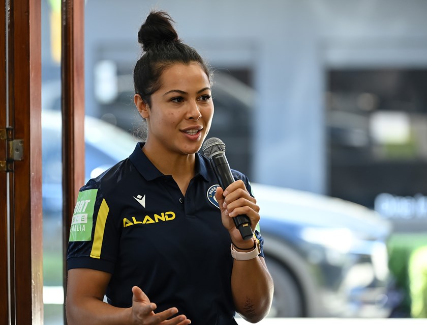 Eels centre Tiana Penitani speaks at the NRL's multicultural round launch in Belmore on Tuesday.