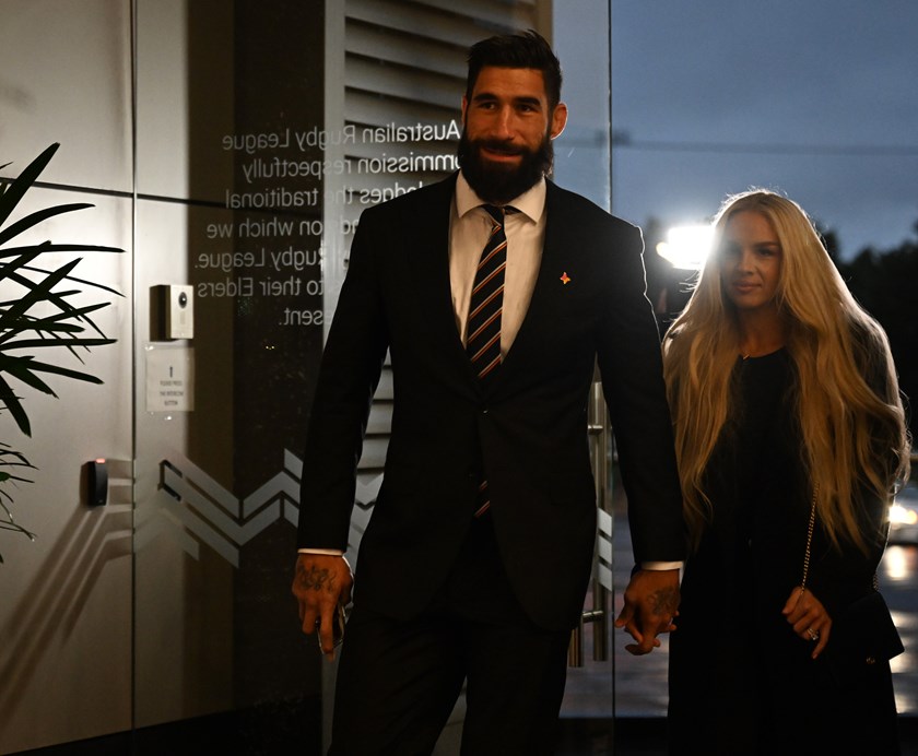 Wests Tigers captain James Tamou arrives to Rugby League Central with wife Brittney on Tuesday night.