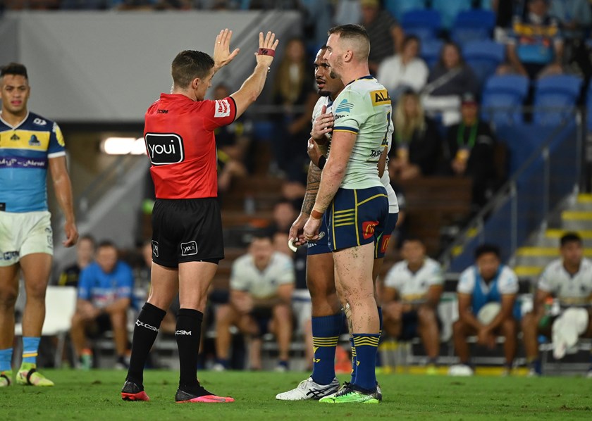 Referee Peter Gough sinbinned Eels prop Junior Paulo for a high shot