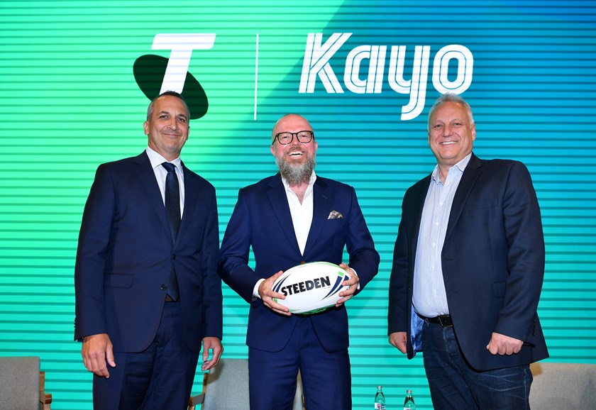 NRL chief executive Andrew Abdo during a press conference with Telstra and Foxtel in 2021.