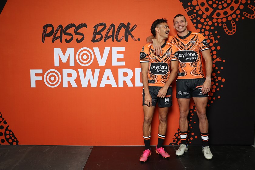 Wests Tigers players Daine Laurie and Brent Naden at the 2022 Indigenous Round launch.