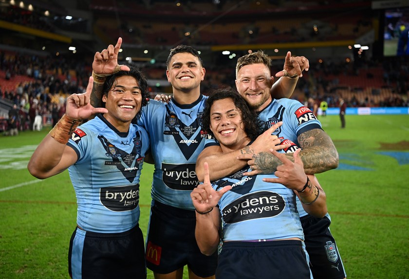 Jarome Luai celebrates with Brian To'o, Latrell Mitchell and Tariq Sims after winning the series in Origin II last year.