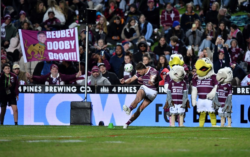 Reuben Garrick attempts a sideline conversion in front of the Manly fans at 4 Pines Park.