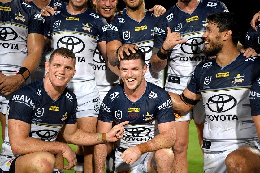 Cowboys halfback Chad Townsend celebrates the Cowboys win against the Eels earlier this season.