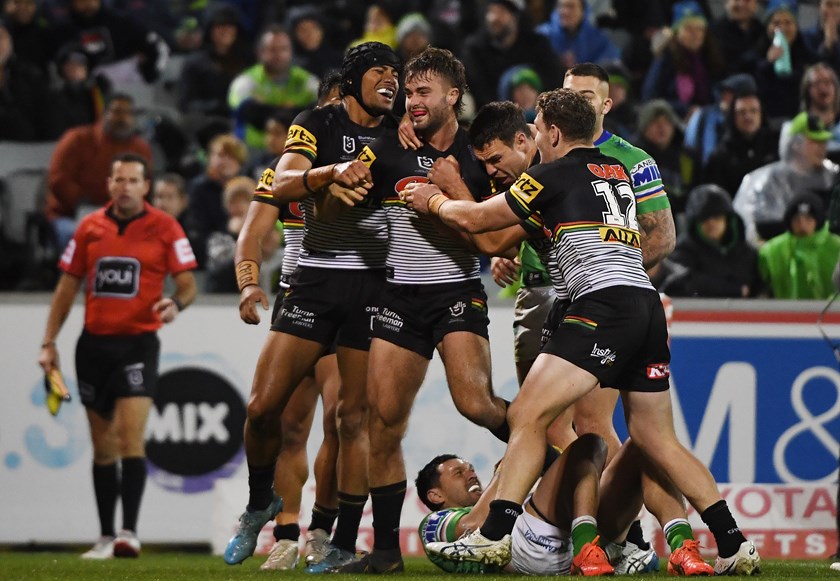Penrith's Jaeman Salmon celebrates scoring a try in last weekend's defeat of Canberra