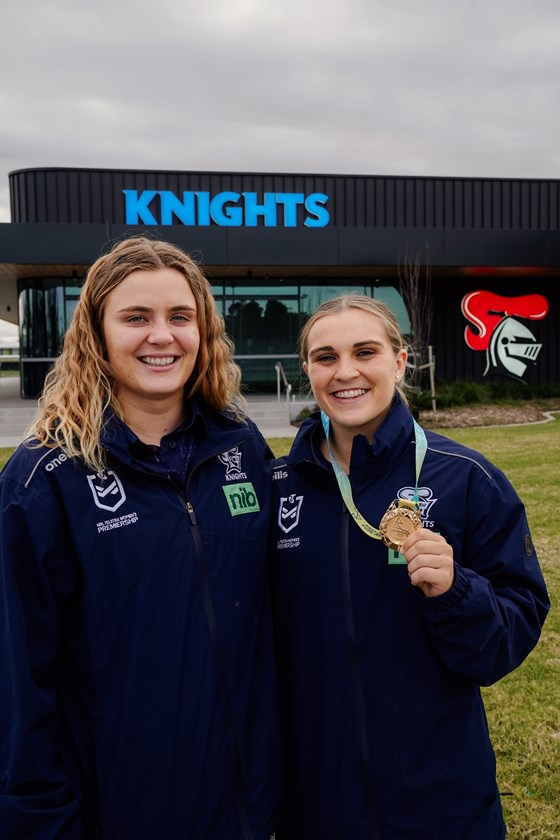 The Southwell sisters at Newcastle Knights headquarters on Wednesday.