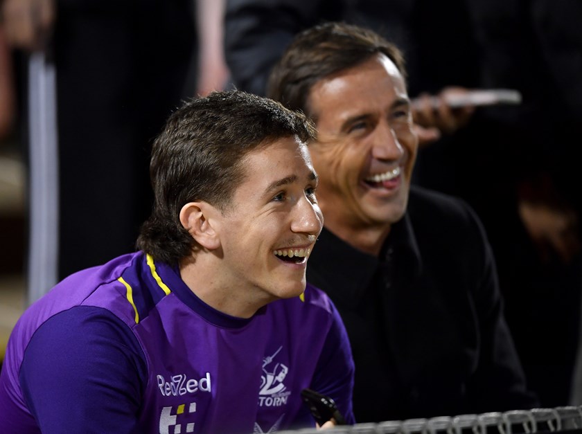 Cooper Johns and uncle Andrew at BlueBet Stadium ahead of the Storm's clash with Penrith.