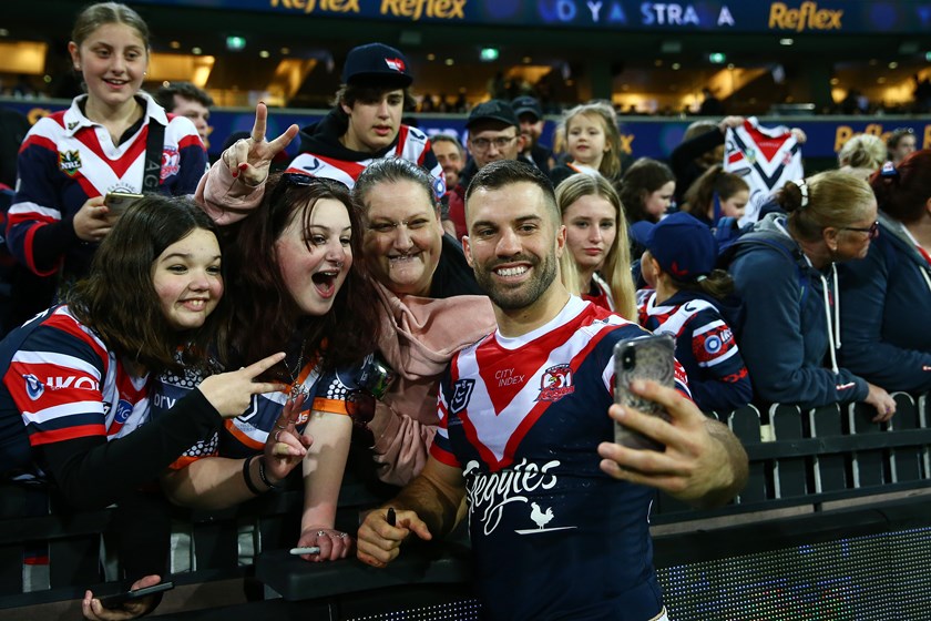 Roosters captain James Tedesco smiles with the fans after his final game at the SCG.