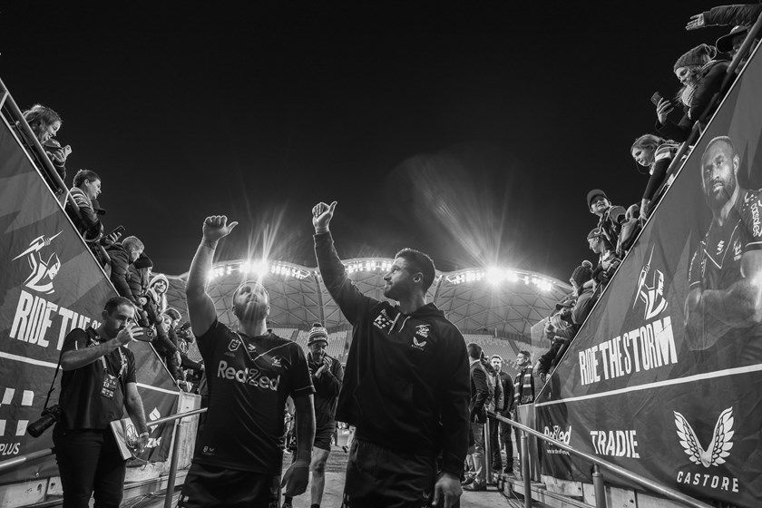 Kenny and Jesse Bromwich farewell the AAMI Park crowd after Round 24.