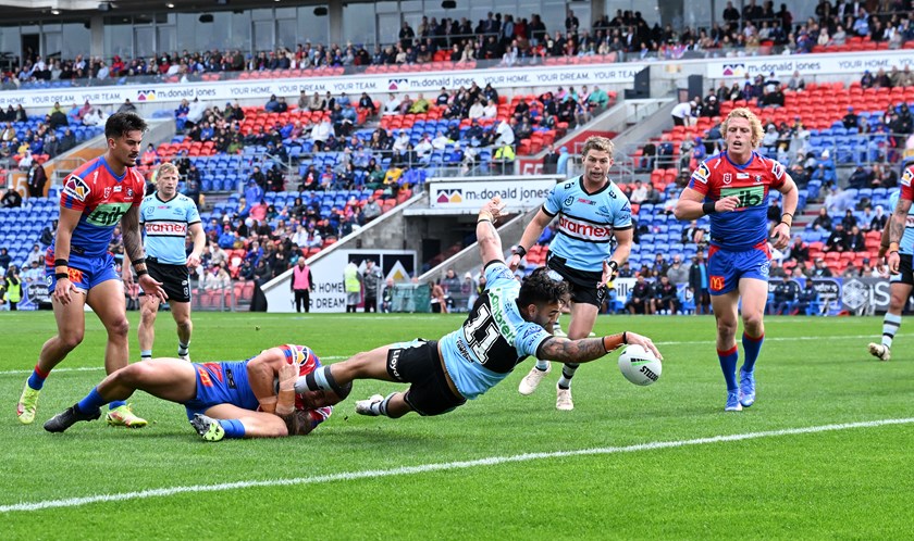Briton Nikora spins over for the first of his three tries against the Knights.