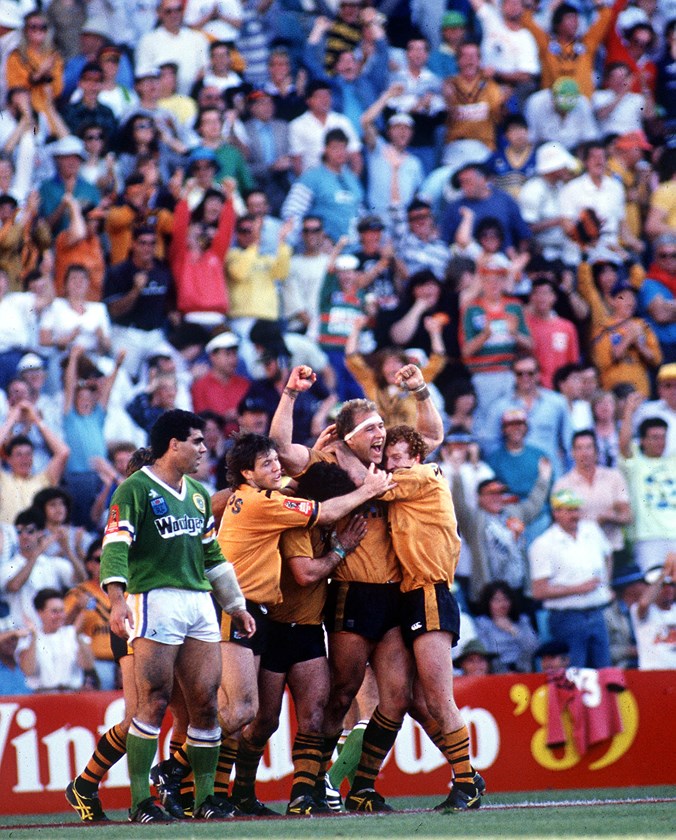 Paul Sironen celebrates his stunning 1989 grand final try that took Balmain to a 12-2 lead.