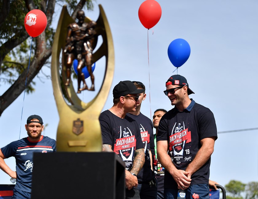 Jake Friend and Boyd Cordner celebrate after the Roosters' 2019 Grand Final win.