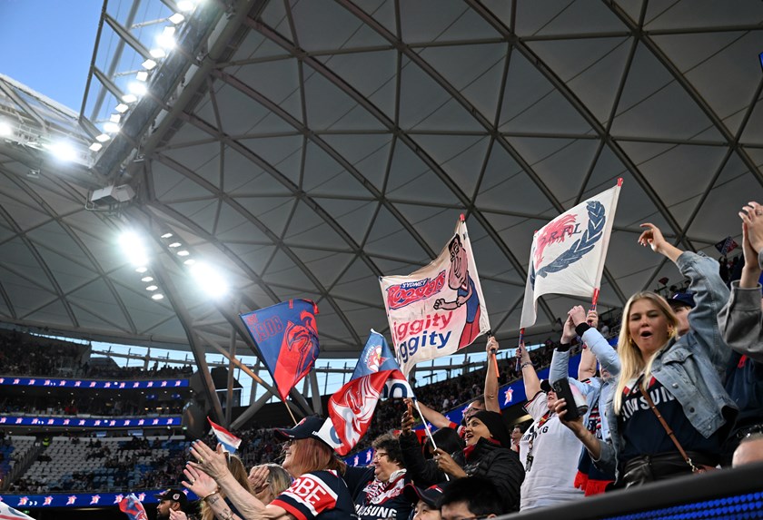 Roosters fans celebrate a try at the new-look Allianz Stadium.