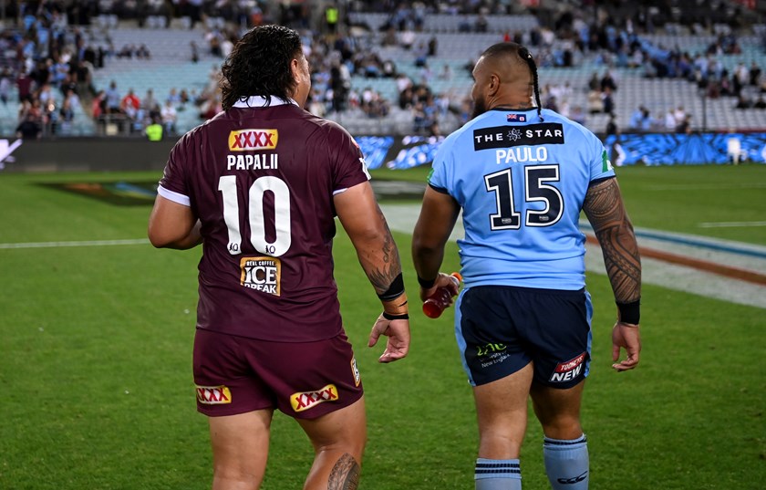 Papalii and Paulo after clashing in the State of Origin arena back in 2020. ©NRL Photos 