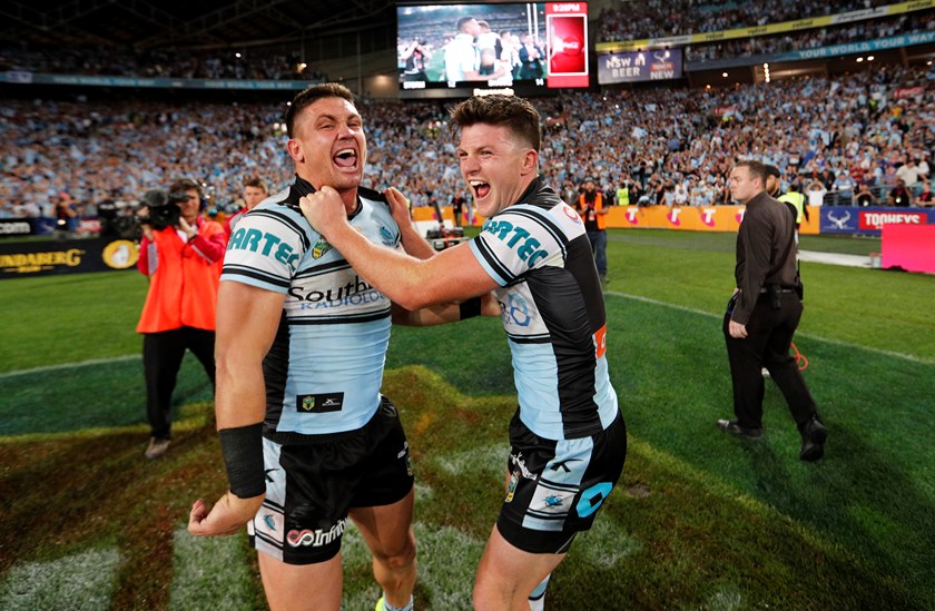Chris Heighington and Chad Townsend celebrate the Sharks' success in 2016.
