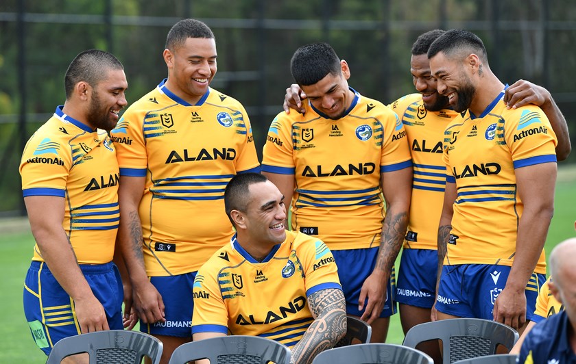 Marata Niukore shares a laugh with Eels team-mates ahead of the grand final
