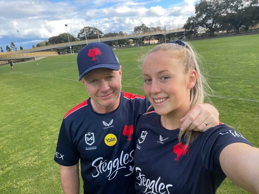 Roosters coach John Strange with his daughter Jasmin ahead of her NRLW debut on Sunday.