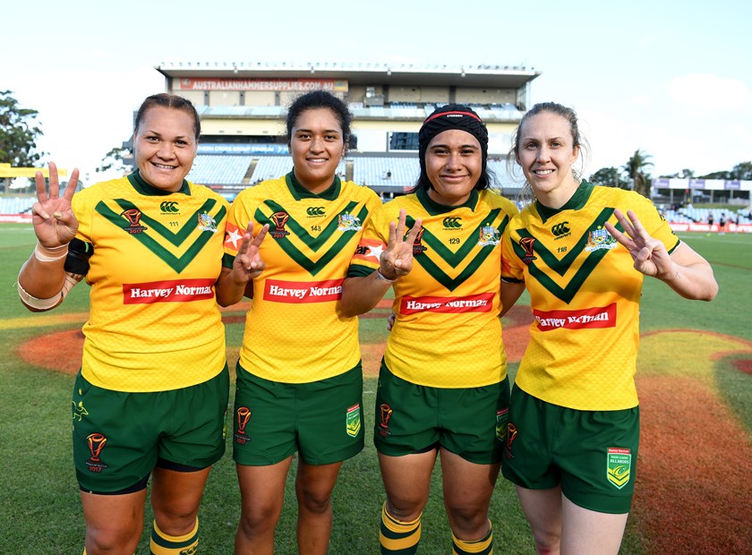 Zahara Temara and Vanessa Foliaki (both middle) after scoring three tries each in the 2017 World Cup.