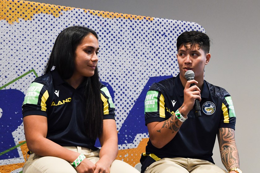 Eels recruit Gayle Broughton (right) with Eels co-captain Simaima Taufa at the club's NRLW launch.