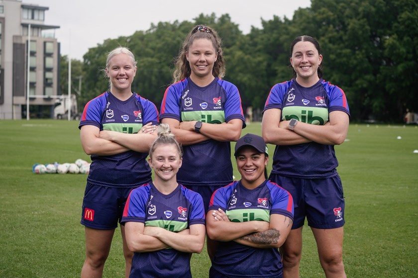 North Queensland products Katie Green, Tahlulah Tillett, Romy Teitzel, Emma Manzelmann and Rangimarie Edwards-Bruce pose at Knights training. 