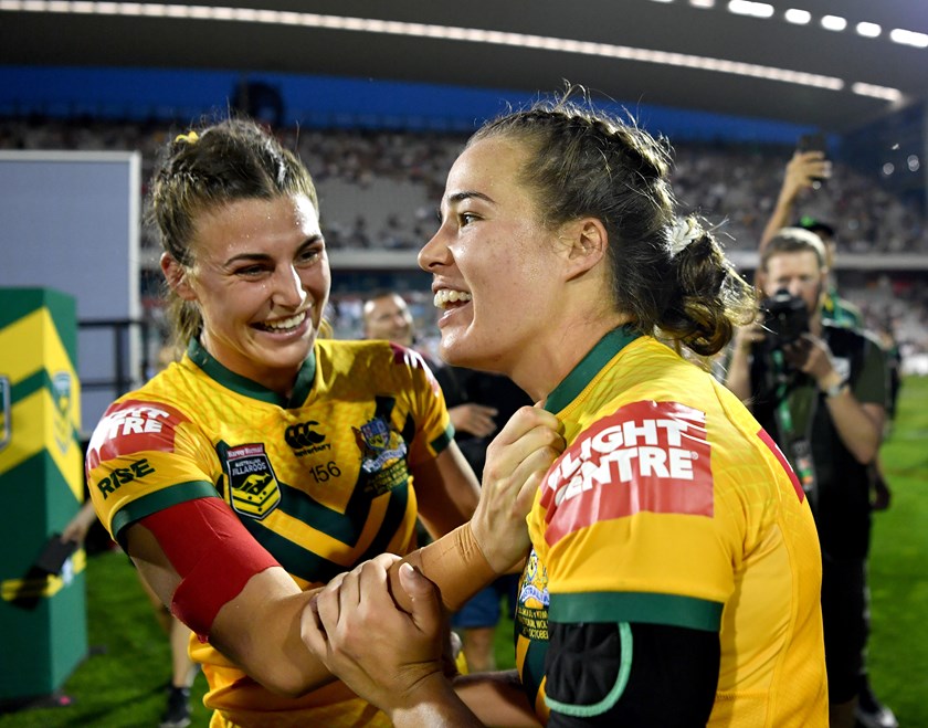 Jess Sergis and Isabelle Kelly celebrate after winning the 2019 Test.