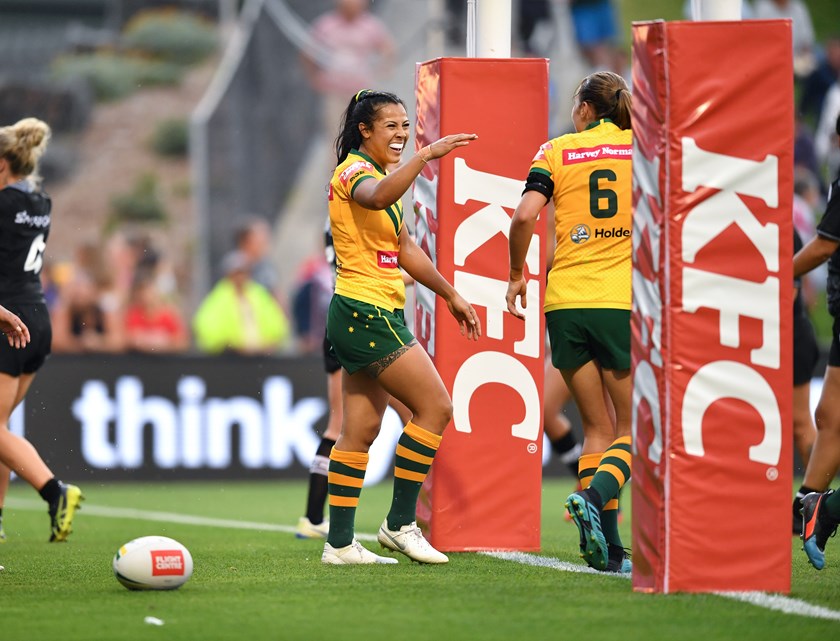 Tiana Penitani all smiles after the Jillaroos set up a try in 2019.