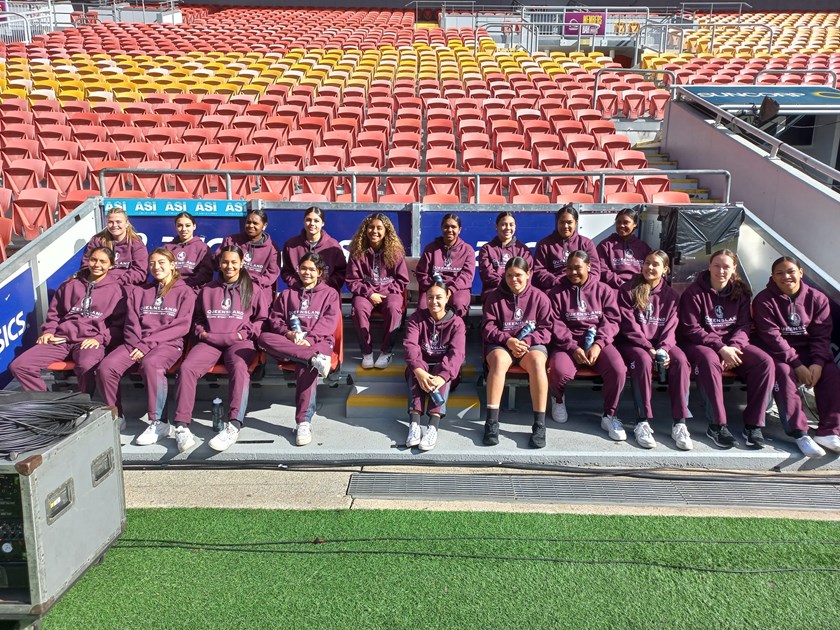 The inaugural Queensland Schoolgirls team checks out Suncorp Stadium ahead of the game.