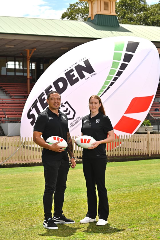 Tamika Upton poses with Knights counterpart Tyson Frizell at the Westpac partnership announcement in North Sydney last week.
