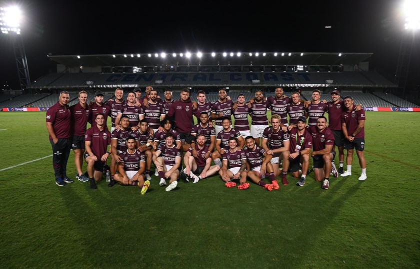 Anthony Seibold with the Sea Eagles players after their Pre-season Challenge win