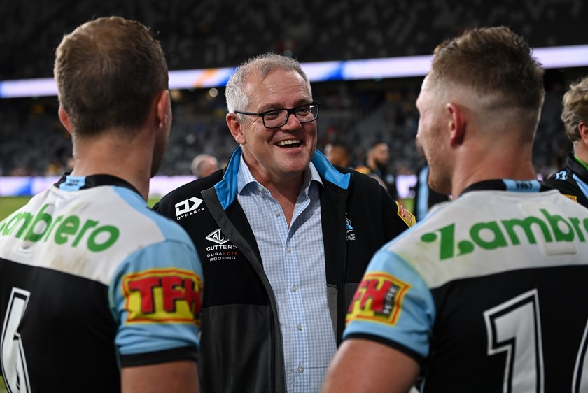 Former PM Scott Morrison chats with Matt Moylan after a Sharks game