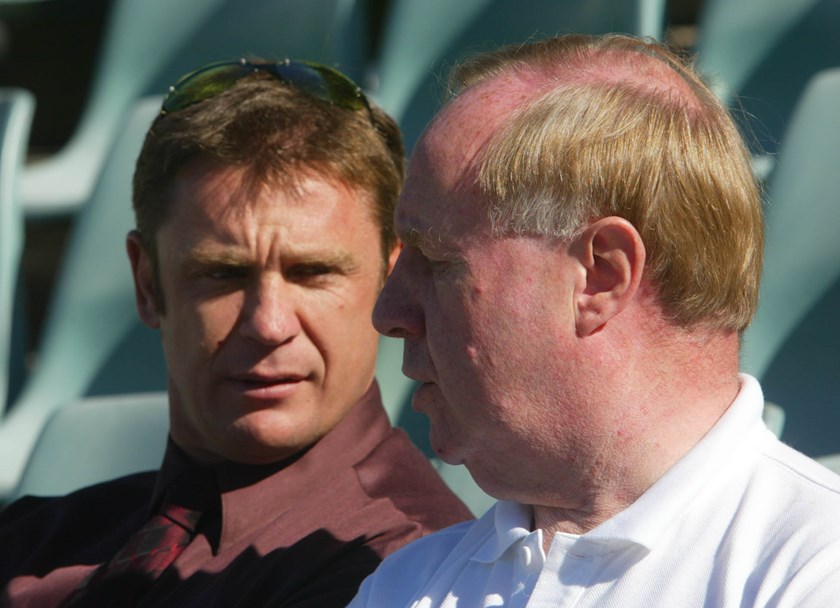 Former Kiwis halfback and commentator Gary Freeman with Maurice Lindsay