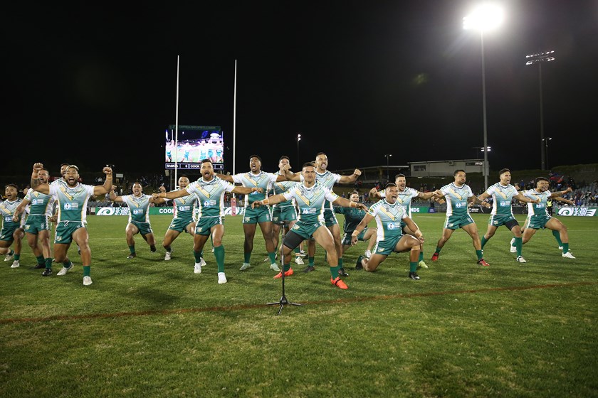 Cook Islands players perform their haka before the Pacific Test against Samoa