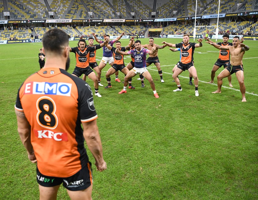 James Tamou receives a haka from teammates and opposition players after his 300th game.