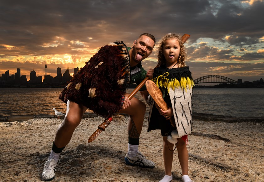 James Fisher-Harris and daughter Tahira pose with Maori artefacts