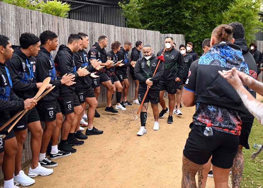 Maori All Stars cultural advisor Andre Ahipene leads the team into the Welcome to Country event 
