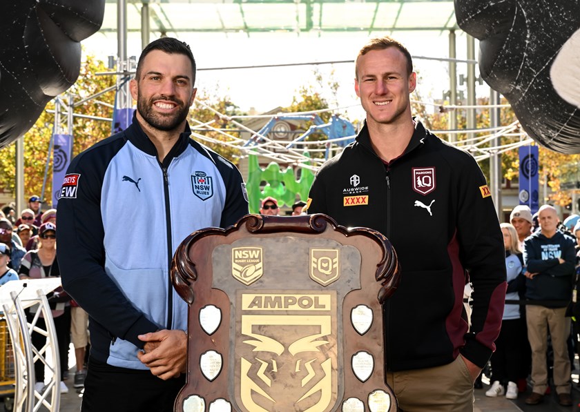 Rival captains Daly Cherry-Evans and James Tedesco with the Origin Shield in Perth