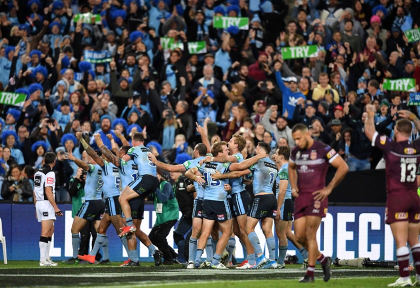 Blues players celebrate their last win before a capacity home crowd in 2019
