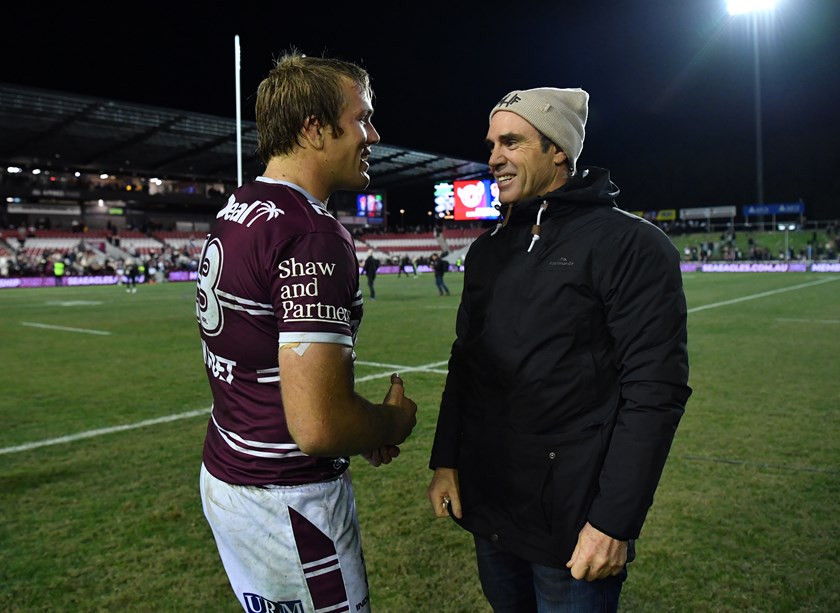 Jake Trbojevic and NSW Blues coach Brad Fittler after Manly defeated Storm 36-30 on Thursday night at 4 Pines Park.
