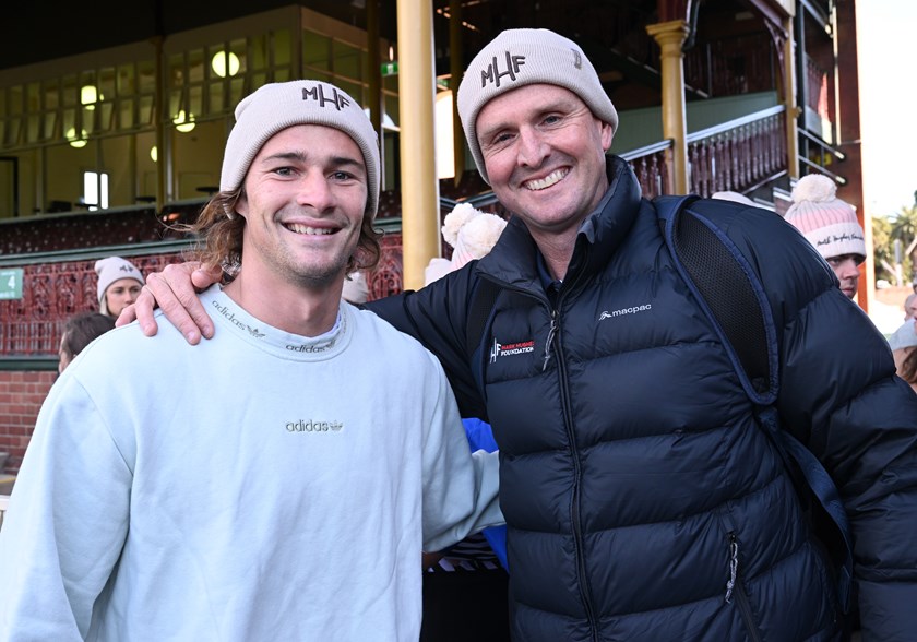 Sharks halfback Nicho Hynes and Mark Hughes at the 2022 Beanie for Brain Cancer Round at the Sydney Cricket Ground.