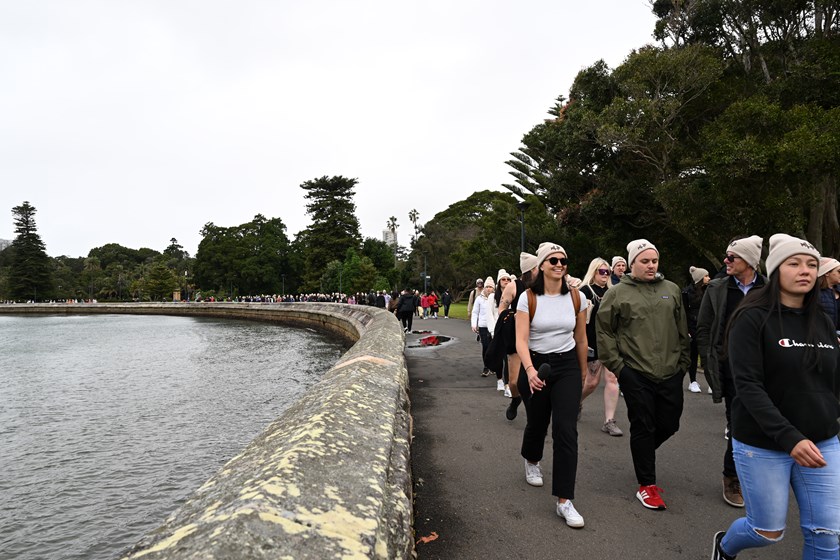 Hundreds of supporters walked from the Sydney Cricket Ground to the Opera House to launch NRL Beanie for Brain Cancer Round.