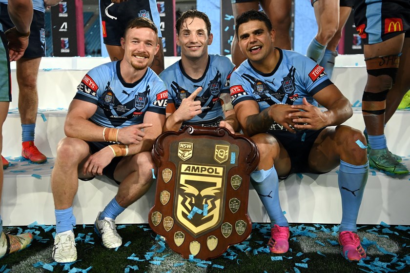 Mitchell with Rabbitohs team-mates Damien Cook and Cameron Murray after helping NSW win last year's Origin series