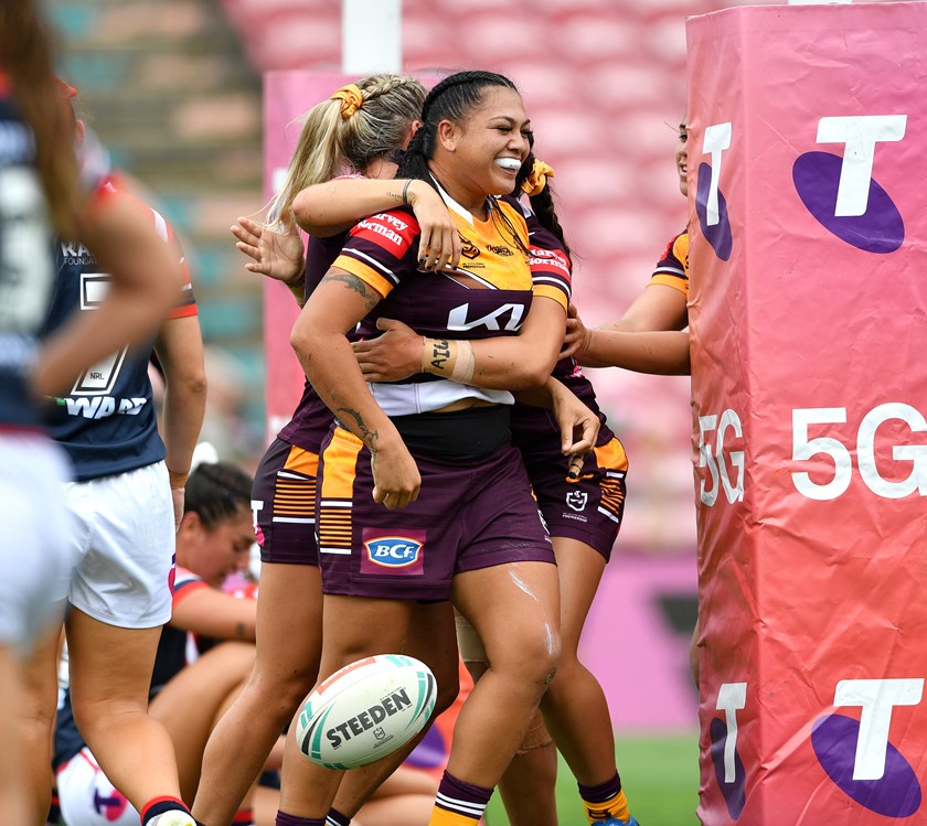 Murdoch celebrates a try for the Broncos during the 2021 NRLW campaign.