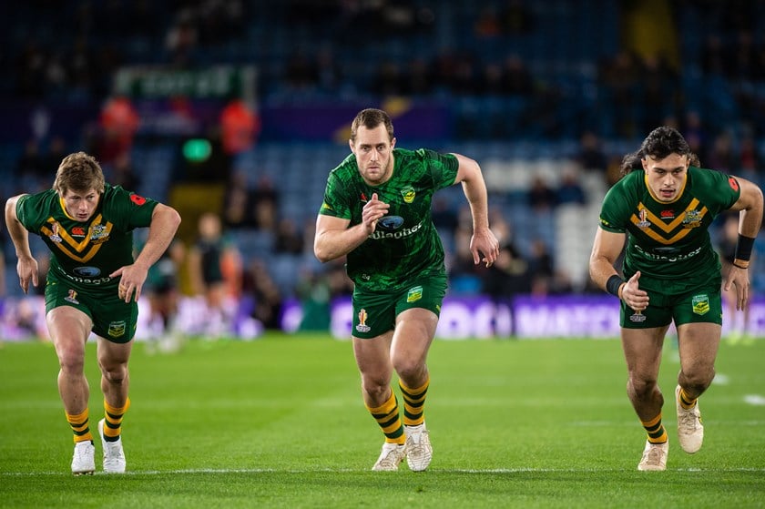 Harry Grant, Isaah Yeo and Tino Fa'asuamaleaui go through their paces at Elland Road ahead of the 2022 World Cup semi-final against New Zealand.