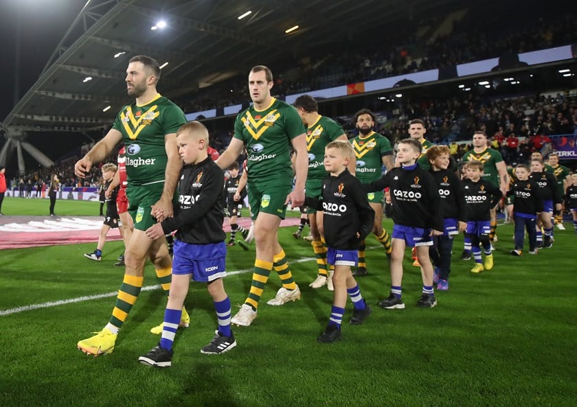 James Tedesco leads the Kangaroos out for the 2022 World Cup final against Samoa.