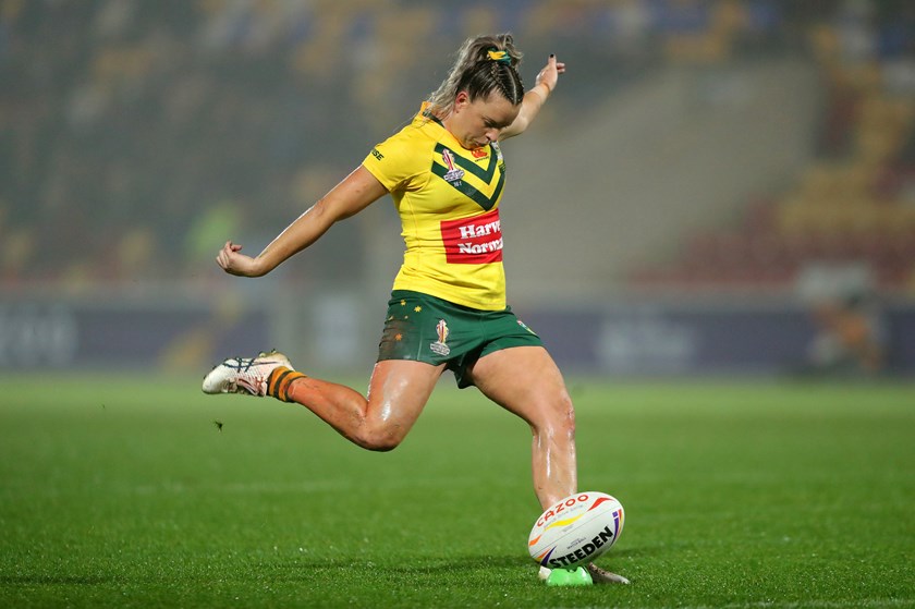 Lauren Brown pilots one if her ninne conversions against Australia.