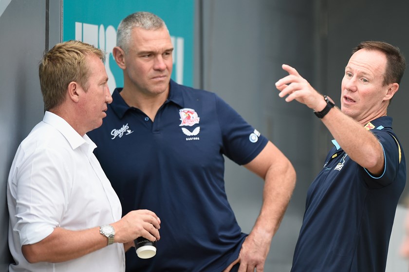 Justin Holbrook with  Roosters coach Trent Robinson and Jason Ryles, whose assistant's role he will take over in 2024.