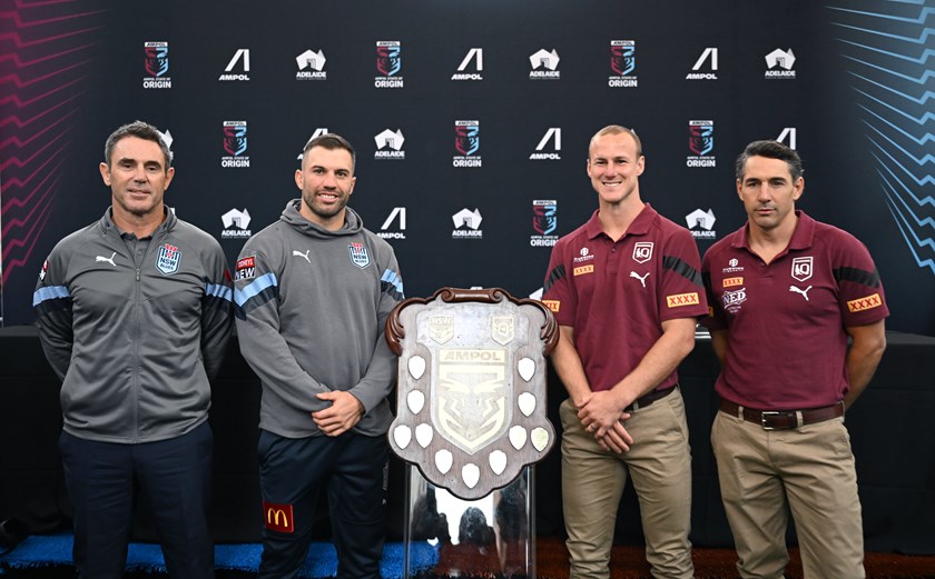 Rival captains and coaches at a media event in Adelaide ahead of Origin I