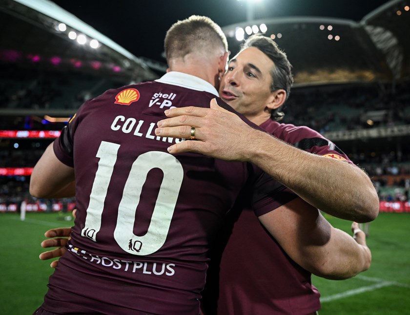 Maroons coach Billy Slater congratulates prop Lindsay Collins after their heroic win in Adelaide